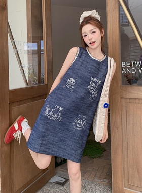 【现货】棉麻仿牛仔小猫刺绣A字连衣裙B208-9061-P135K198