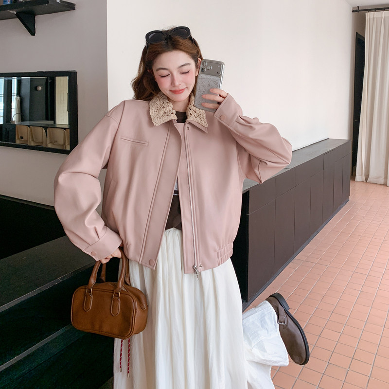 【新款】可拆卸钩花领粉色皮衣外套B208-268001-P160K279,女装短外套,浙宝208
