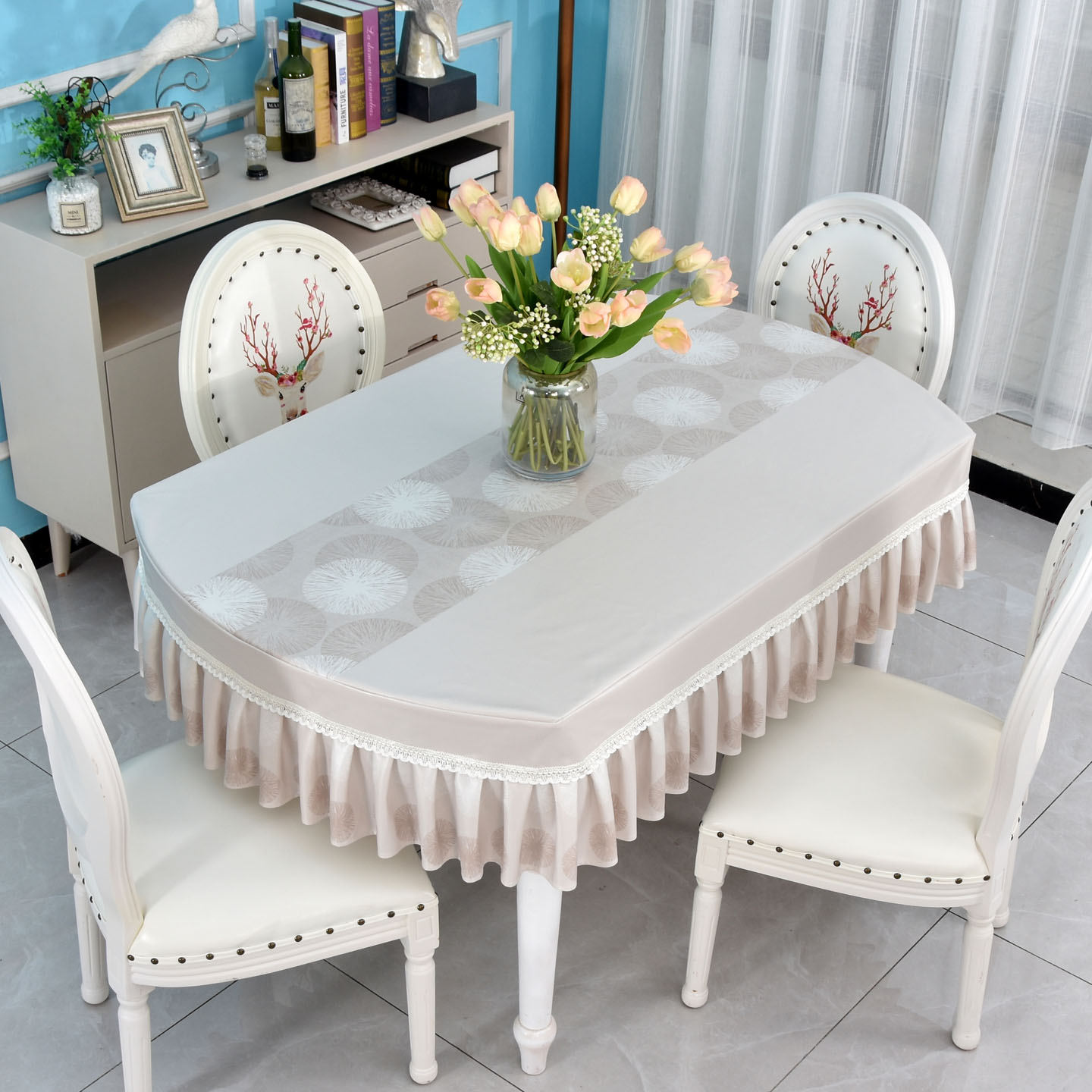 防水防油简约风椭圆形伸缩桌桌布