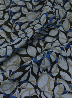 灰蓝色抽象叶子加捻雪纺布料 柔软垂坠微透 衬衣连衣裙面料