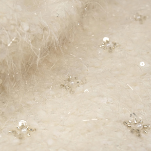 高定流出米白色钉珠银色亮片长羽毛羊毛布料 礼服大衣裙子面料