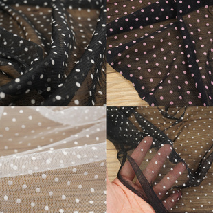 黑白粉立体植绒波点圆点水玉点网眼布料 轻薄透明 外搭服装裙子料