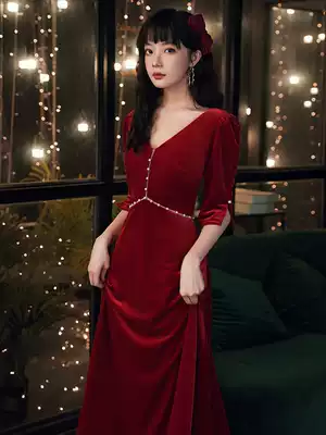 Bride wedding toast can wear 2021 new wine red engagement velvet long sleeve evening dress winter