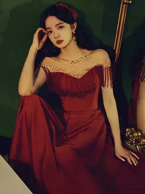 Satin shoulder toast for bridal women can wear 2021 new summer tassel wedding evening dress