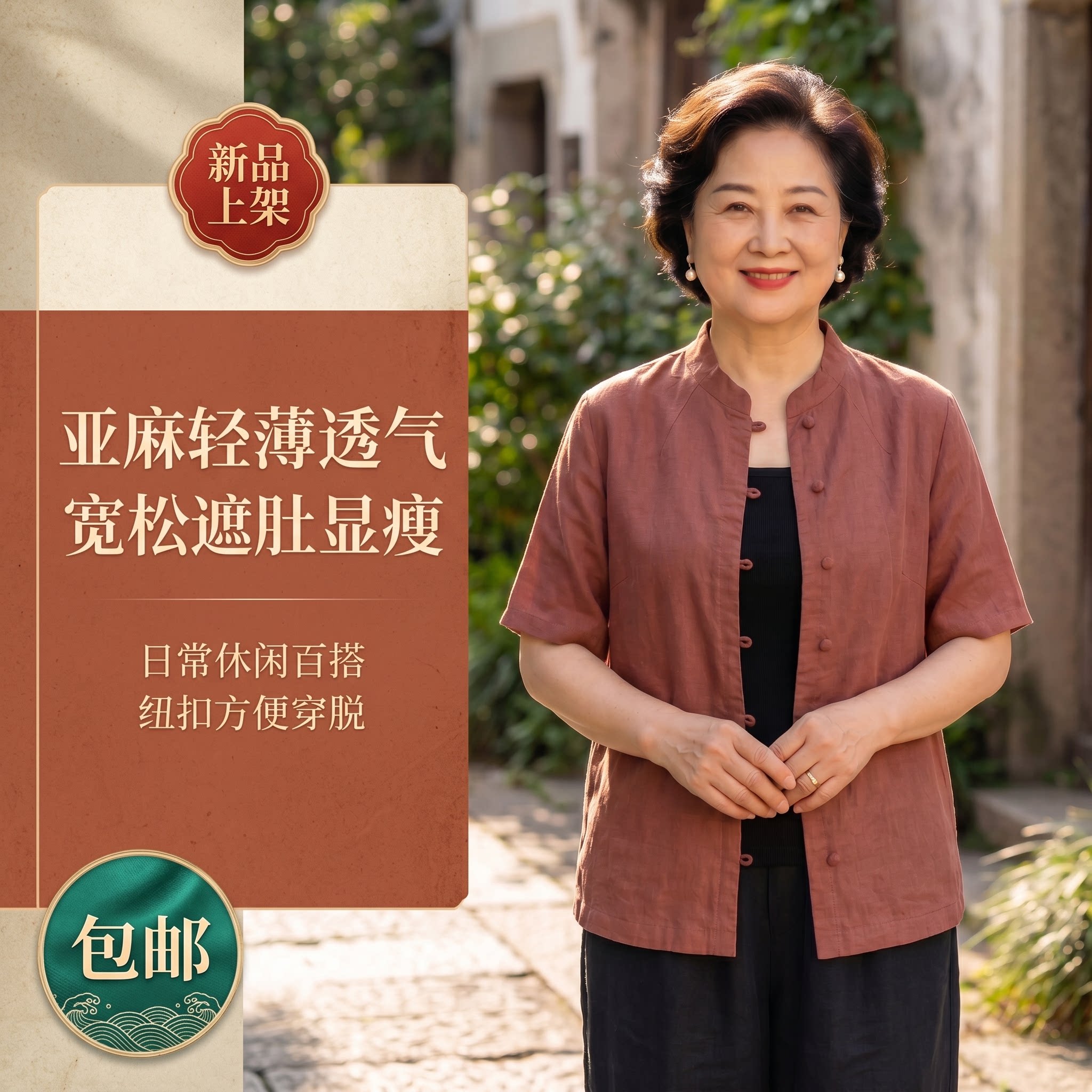 妈妈装夏季宽松遮肚亚麻清凉中老年女装短袖衬衫上衣气质洋气端庄