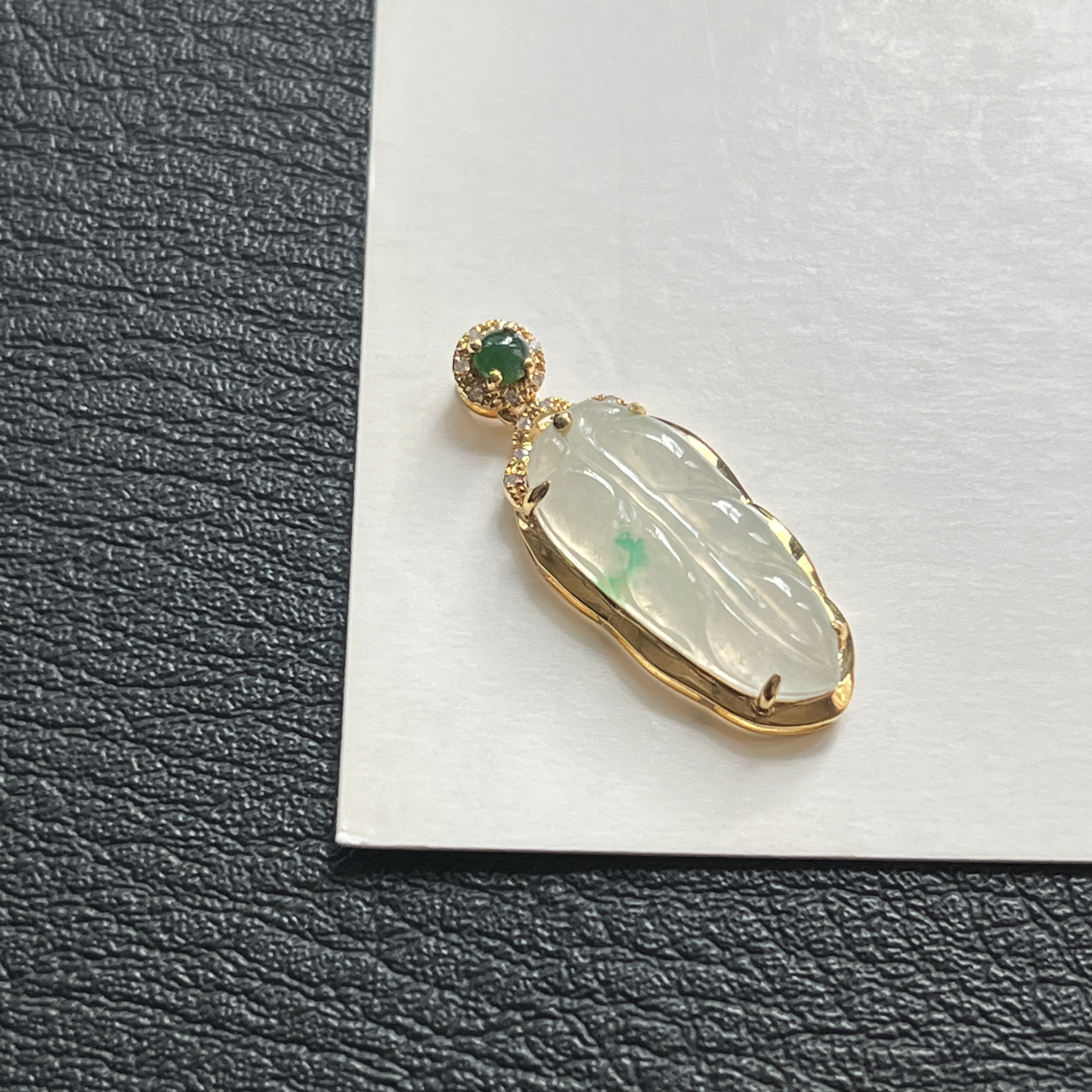 18k金带钻镶嵌天然A货翡翠冰飘花叶子金枝玉叶女士玉吊坠挂件挂坠