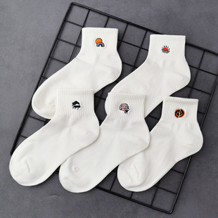 包邮 4双装 刺绣简约男生舒适透气袜子 男女短筒棉袜潮流时尚 春夏季