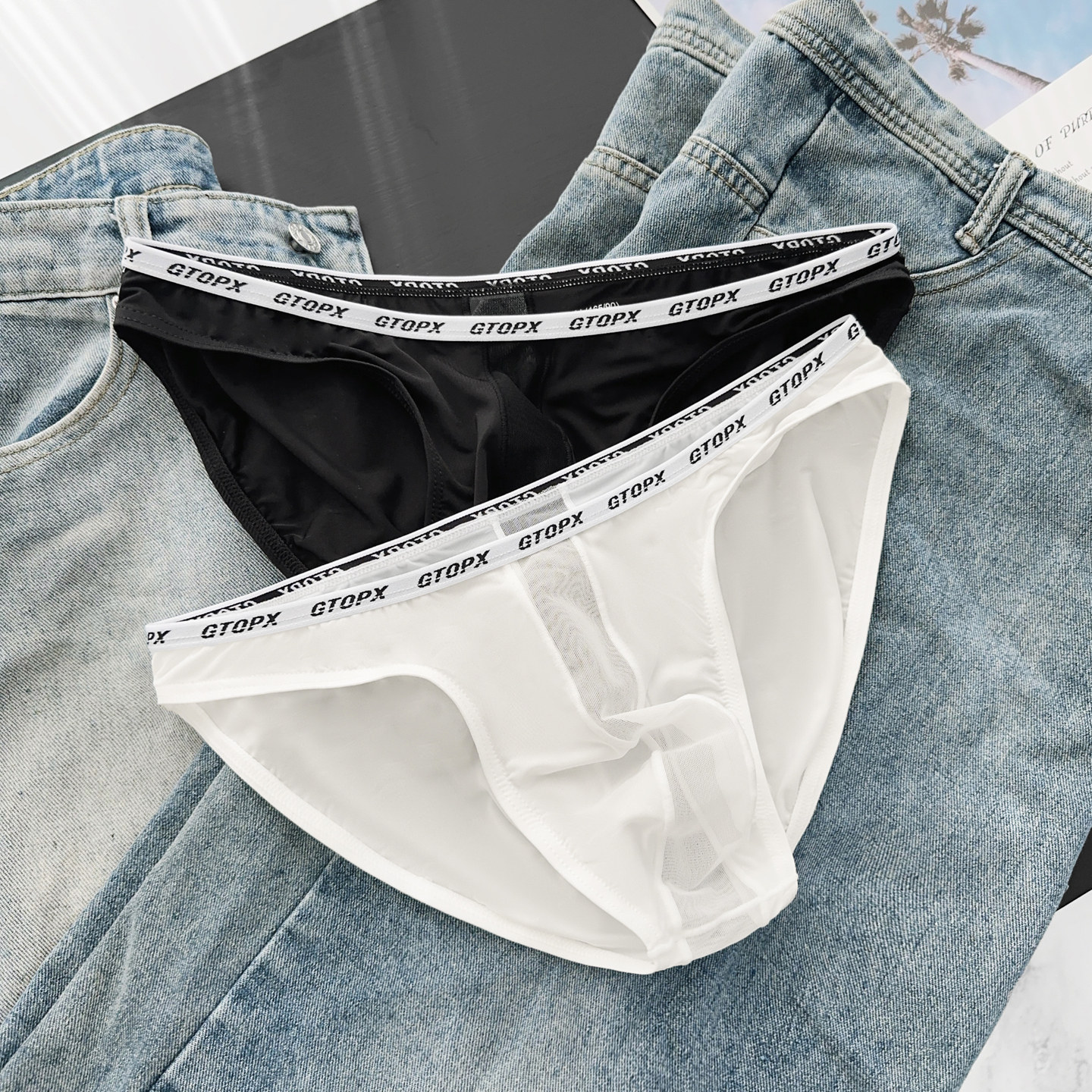 2条装男士内裤三角裤低腰窄边性感冰丝镂空舒适薄款透气底裤包邮