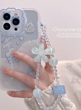 韩国INS风网红小花朵水晶珠手机挂绳蓝色串珠挂链短款手机链女潮