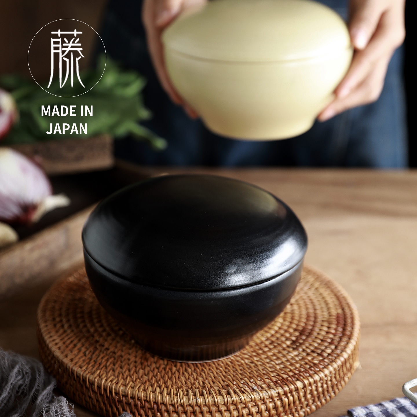 日本制进口万古烧家用陶瓷有带盖子的米饭钵碗可微波炉加热存米饭