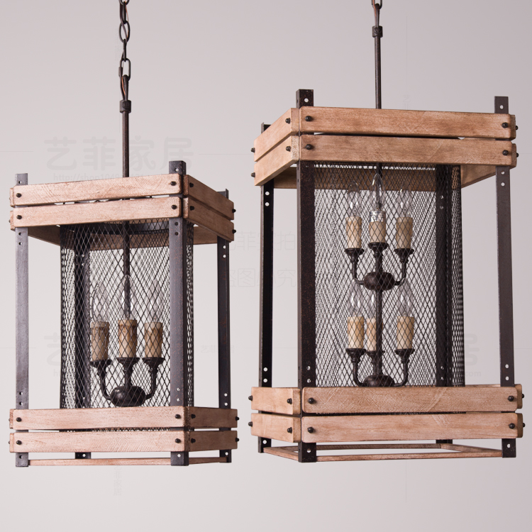 外贸出口美式乡村复古铁艺木条铁丝网笼子吊灯餐厅玄关卧室吊灯