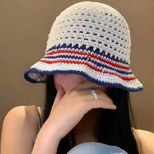 韩版撞色条纹钩针渔夫帽百搭镂空