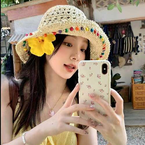 日系甜美蕾丝草帽女手工编织夏季