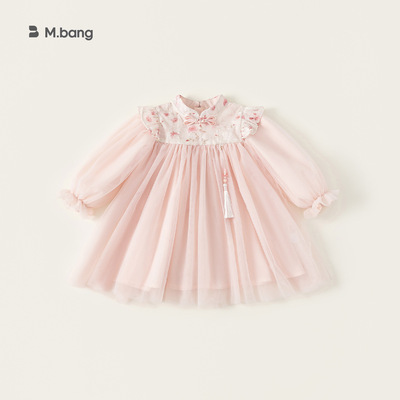 宥宝童装女童裙子国风长袖女孩子网纱裙春季新品小飞袖儿童连衣裙