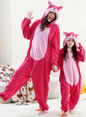 MICHLEY中大童春秋冬成人睡衣居家亲子连体衣摇粒绒动物表演狐狸