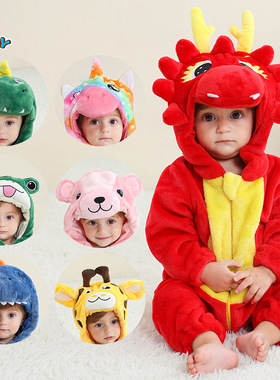 MICHLEY婴幼儿连体衣秋冬龙宝宝红色哈衣爬服可爱卡通睡衣法兰绒