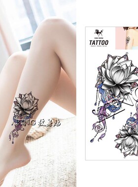 KING纹身贴 防水女持久 手绘 羽毛图腾 莲花 红色 刺青 性感 仿真