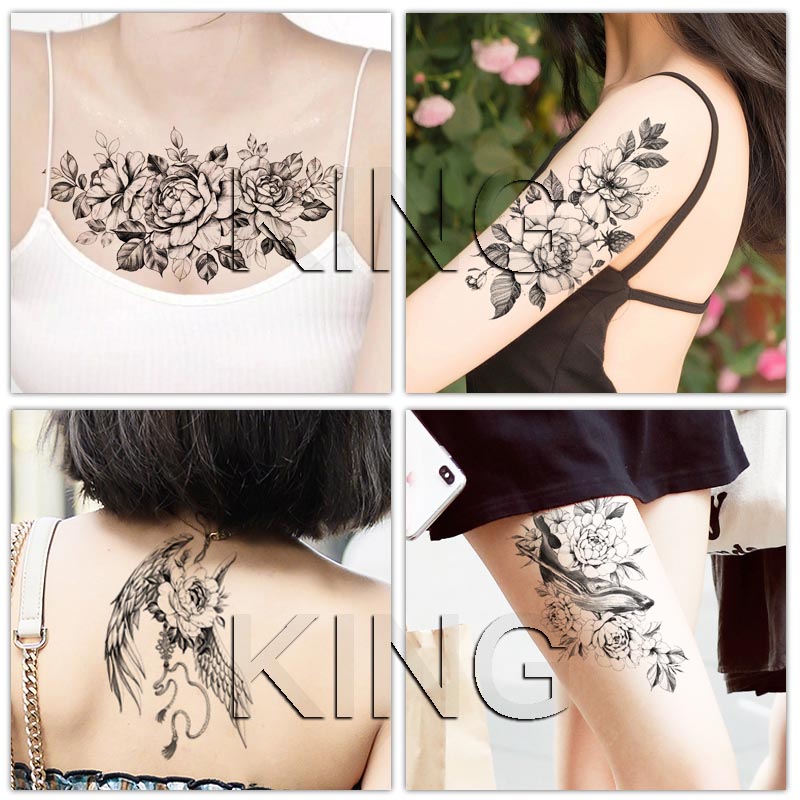 KING纹身贴纸防水男女套装黑白大花玫瑰性感遮疤