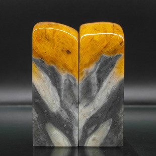 巴林石印章云水纹俏色黄花冻对章篆刻石料23*23*68mm*2枚