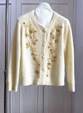 实物开衫了烘干珠子花纱为准黄色尺寸亮片生产的手工不刺绣襟比例