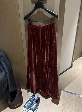 实拍224小众设计师系带松紧腰天鹅绒质丝绒气质酒红色腰字半裙