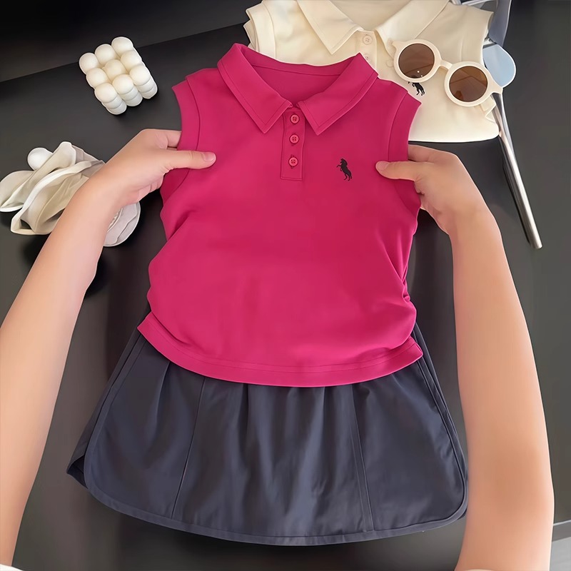 女童套装夏季2025新款儿童洋气POLO领背心夏装女孩时髦裙裤两件套