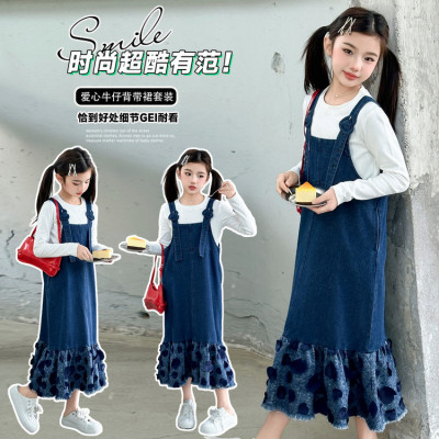 春装搭配一整套女童2025春秋款韩系大童女孩牛仔背带裙套装裙子