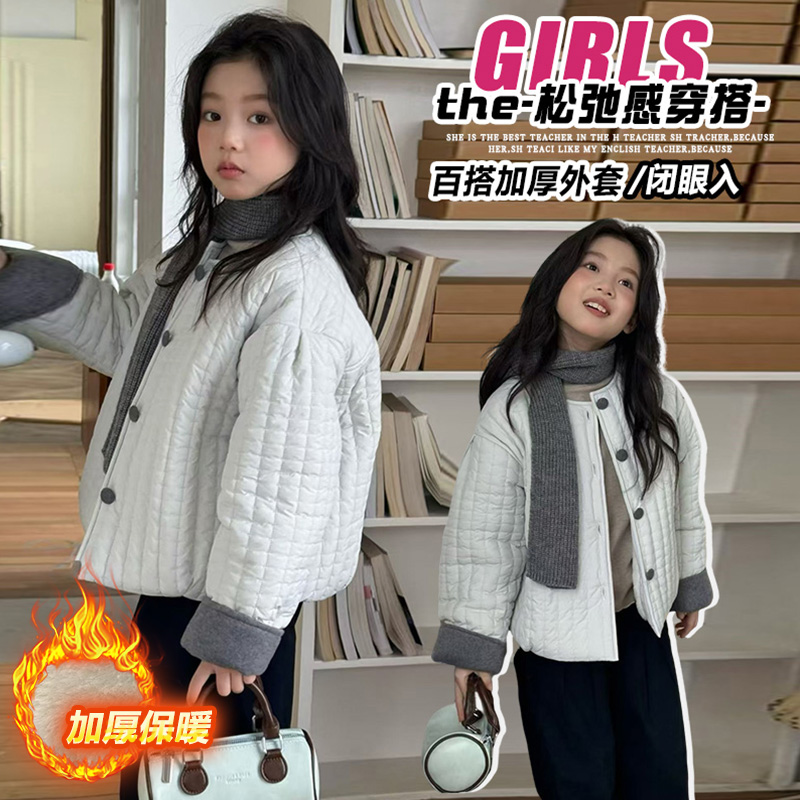 女童2025秋冬新款绗线加兔毛棉衣送毛线围脖中大童休闲时尚外套