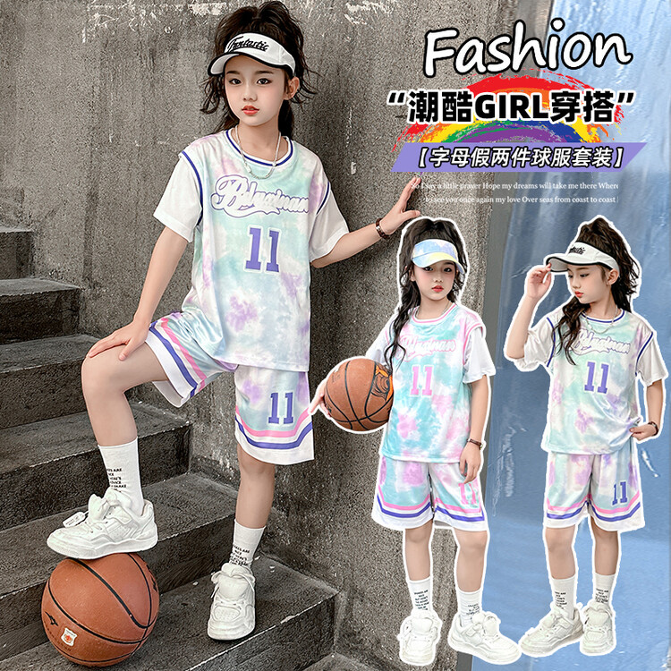 女童篮球服夏季假两件短袖球衣运动休闲速干衣儿童训练服11号套装