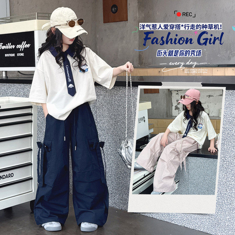 女童学院风卫衣套装中大童短袖上衣工装裤春夏新款洋气两件套夏装