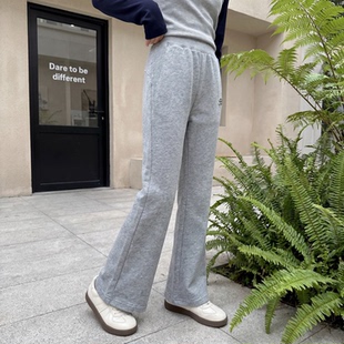 女童黑色微喇裤2025新款初中生女孩青少年秋冬季加绒加厚灰色裤子