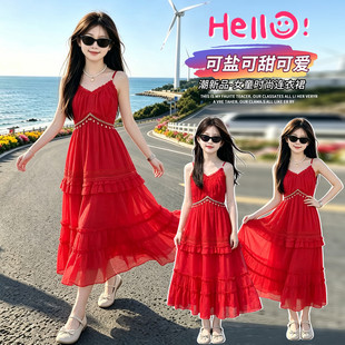 2026新款韩系女童红色细肩带吊带裙 V领花边腰坠分层薄纱仙女长裙