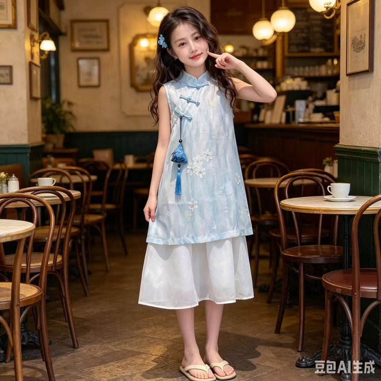 小女孩蓝调新中式旗袍夏无袖盘扣刺绣双层透气纱女童国风百搭裙子