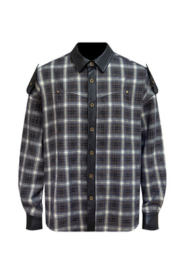 s45早春拼皮格纹铆钉长袖衬衫复古军式拼接格子外套夹克男女