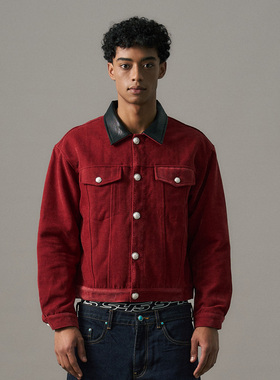s45植绒牛仔宫廷红夹克2025秋季短款高级设计感显白宽松外套男