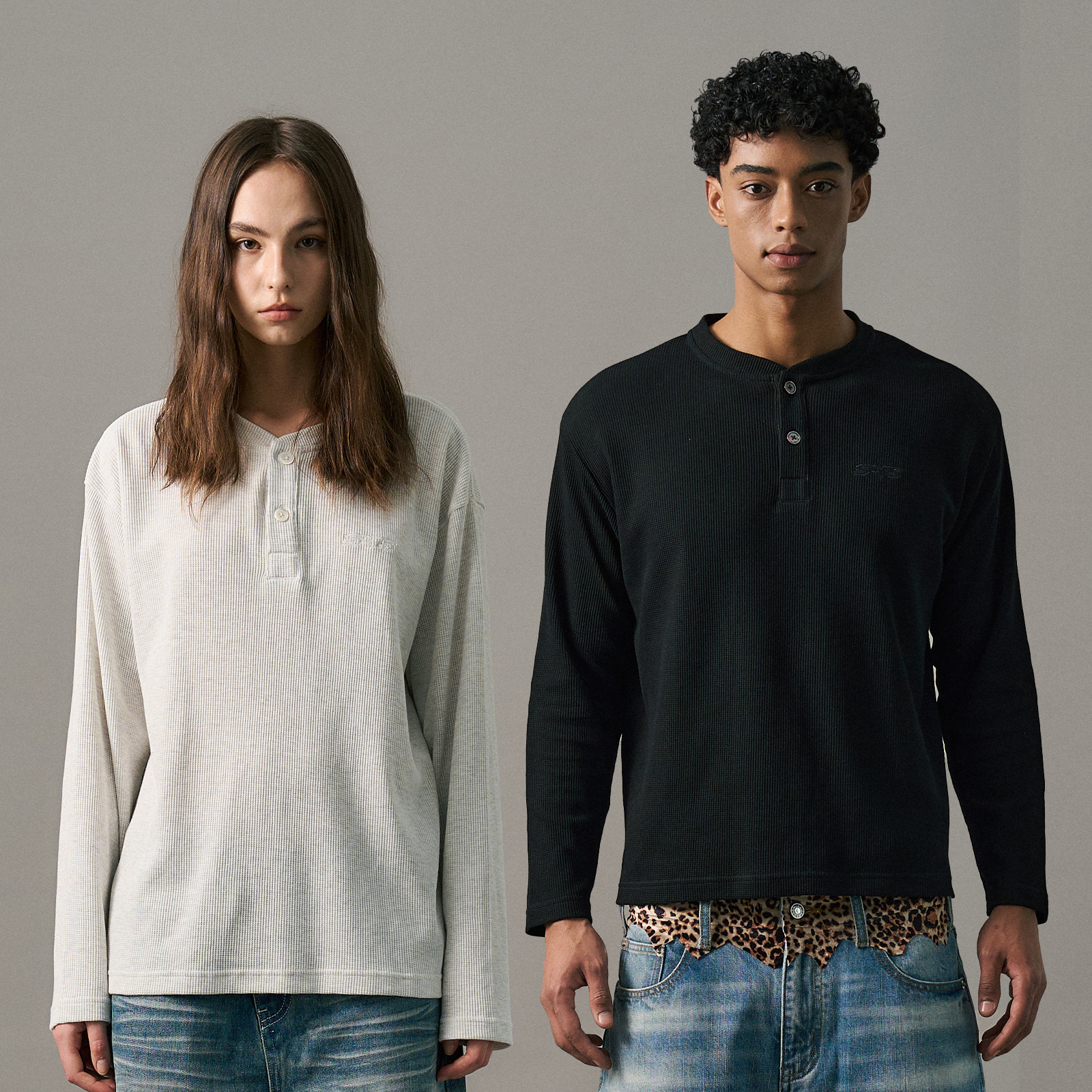 s45 华夫格纯色长袖简约百搭通勤宽松T恤休男休闲情侣上衣