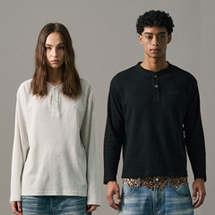 s45 华夫格纯色长袖简约百搭通勤宽松T恤休男休闲情侣上衣