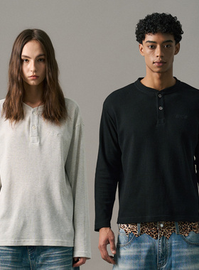 s45 华夫格纯色长袖简约百搭通勤宽松T恤休男休闲情侣上衣