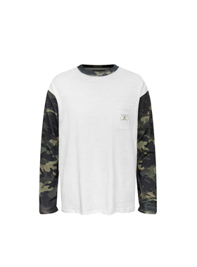 s45竹节棉迷彩拼接撞色长袖T恤肌理感透气薄款上衣宽松版型男女款