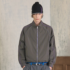 s45春夏格纹复古梭织插肩长袖夹克紫色条纹拉链立领外套男女