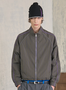 s45春夏格纹复古梭织插肩长袖夹克紫色条纹拉链立领外套男女