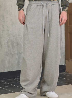 s45纯色解构直通阔腿棉质毛圈花灰卫裤