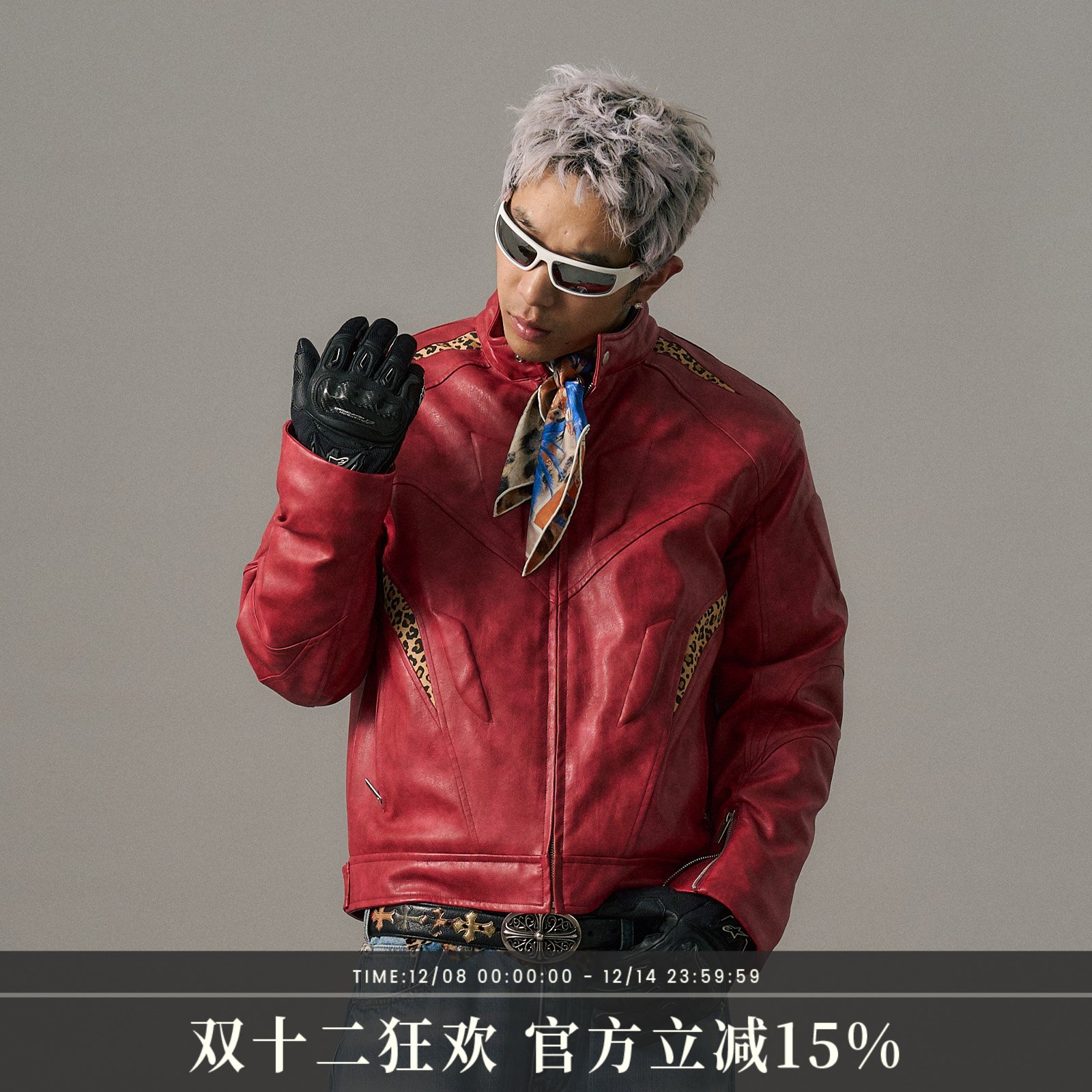 s45 豹纹拼皮结构夹克机车服外套男士冬季新款上衣