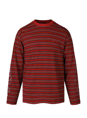 s45红色基础条纹长袖T恤显白美式复古圆领宽松打底上衣男女同款