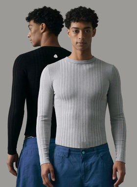 s45坑条肌理条纹修身罗纹针织衫基础纯色圆领长袖打底衫毛衣男女