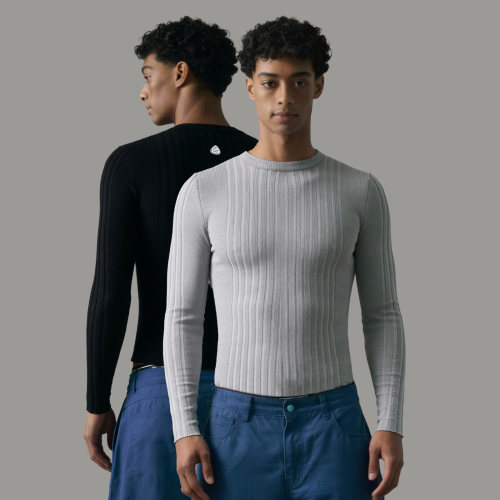 s45坑条肌理条纹修身罗纹针织衫基础纯色圆领长袖打底衫毛衣男女