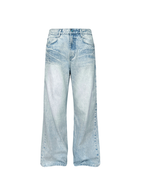 s45浅蓝水洗仿绿松石鬼爪猫须棉质直筒微喇裤园丁牛仔长裤男女款