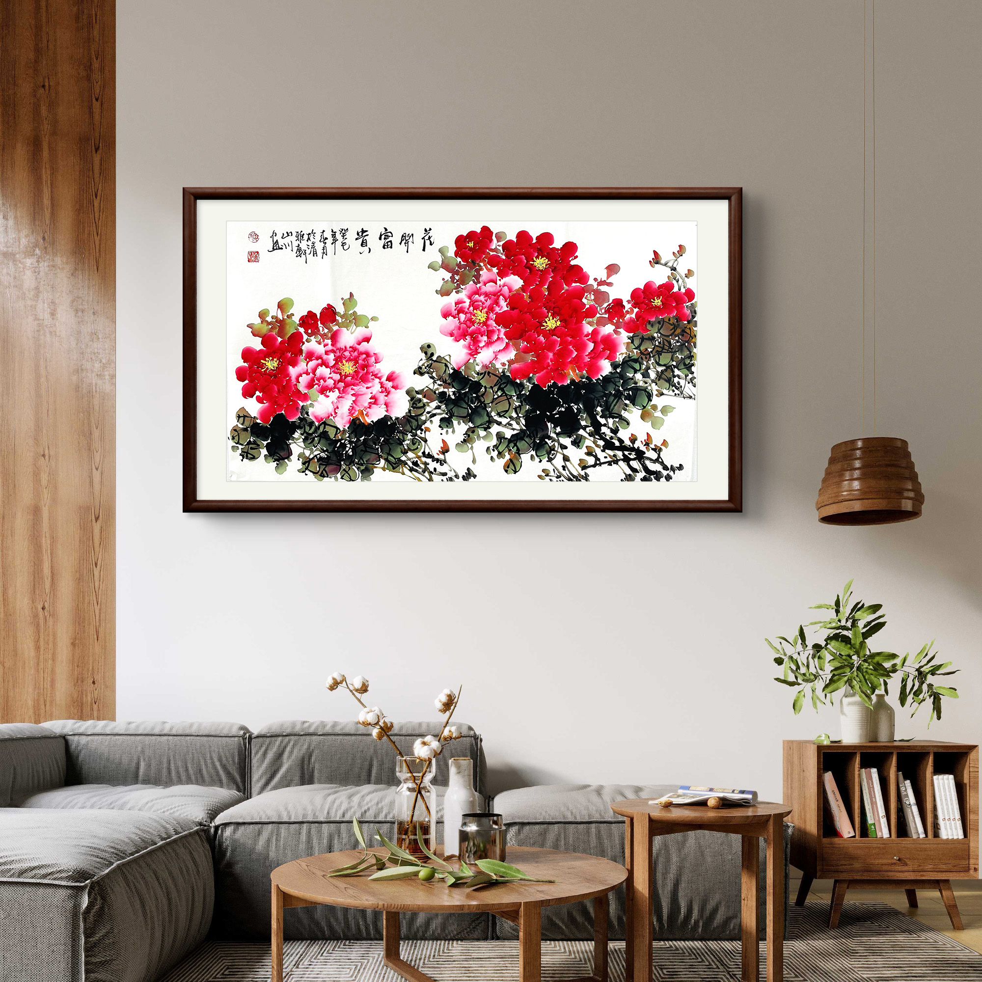 手绘真迹写意牡丹图国画茶室卧室装饰画横幅花开富贵客厅挂画字画图片