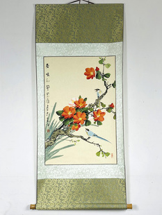 精装裱卷轴挂画手绘写意花鸟画竖幅山茶花春暖花开卧室装饰z3885