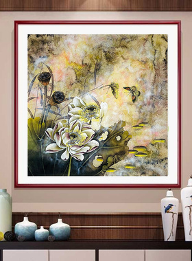 手绘真迹原稿四尺斗方精品工笔荷塘荷花蝴蝶图 卧室装饰画X28057